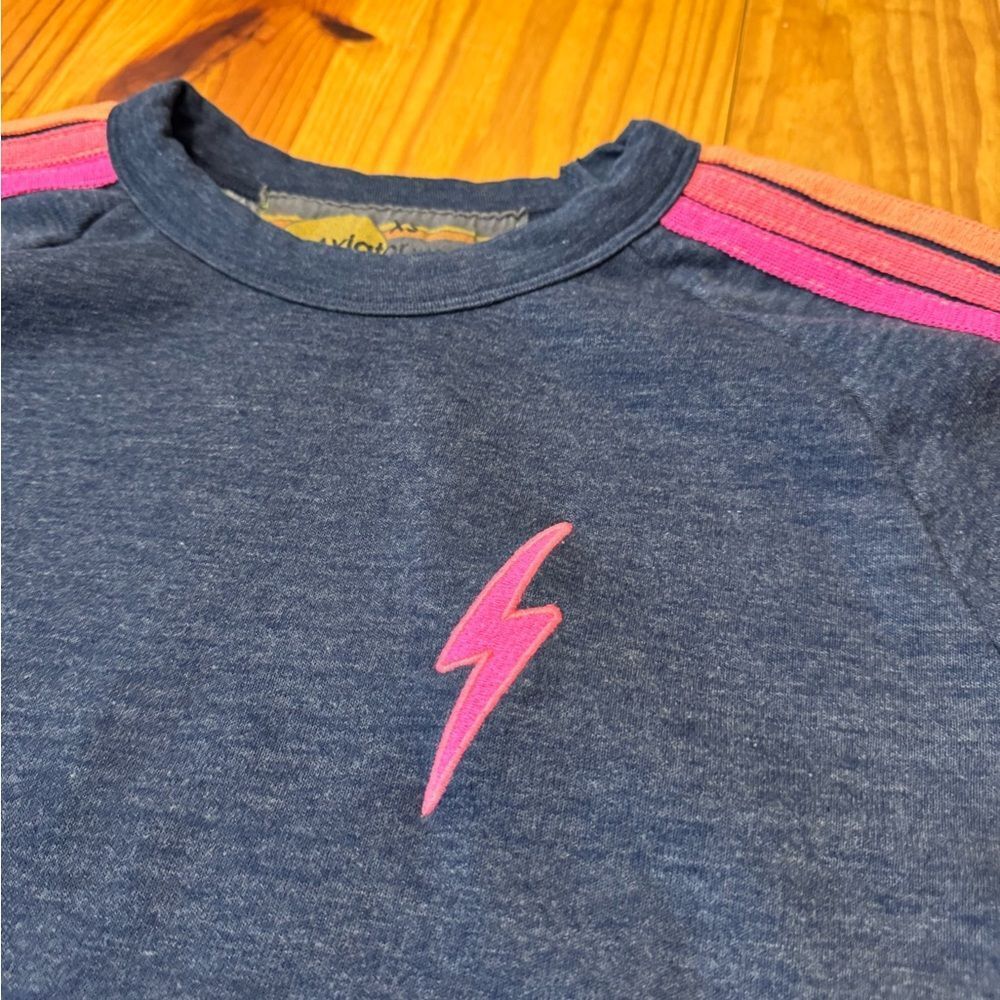 Aviator Nation Bolt Embroidery Classic Cropped Crew Sweatshirt Heather Navy Neon - Picture 6 of 12